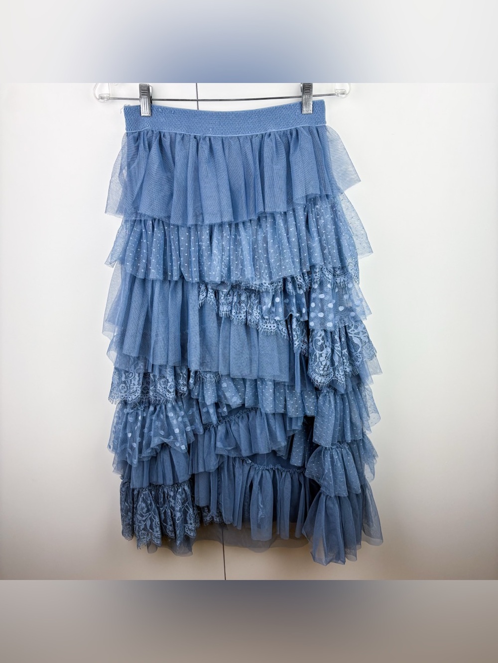 Anthropologie Ruffled Tulle Midi Skirt Blue Polka Dot Lace Layered Small - Picture 6 of 7